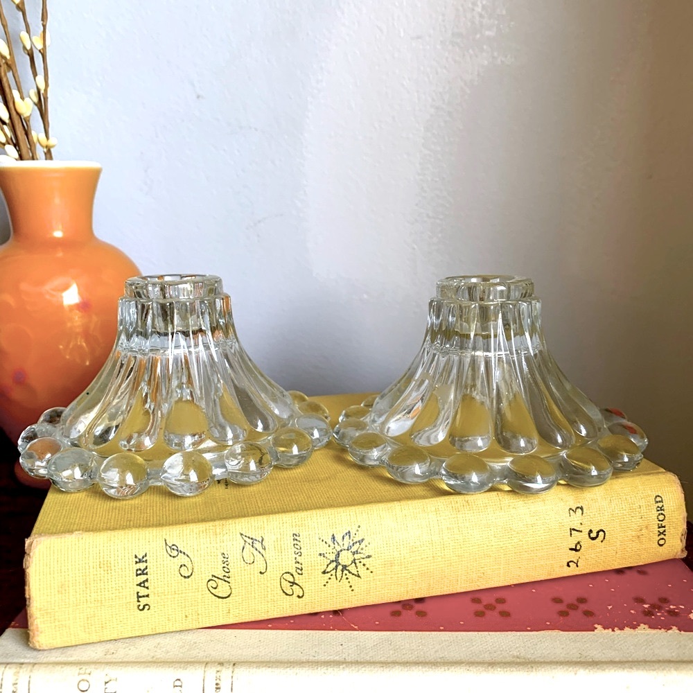 Vintage Set of 2 Anchor Hocking MCM Boopie Glass Candlestick Holders